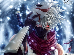 Kakashi Hatake anime character holding a cracked white mask with a katana in a snowy blue scene HD wallpaper