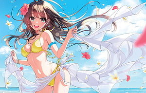 Anime Girl in Yellow Bikini with Flowing White Scarf and Hibiscus Flowers on a Sunny Beach HD wallpaper