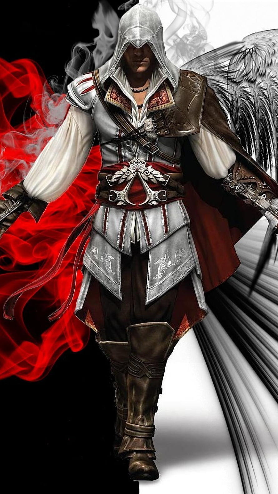 Assassin's Creed Ezio Auditore in White Hooded Regalia with Red Smoke and Angel Wings HD phone wallpaper