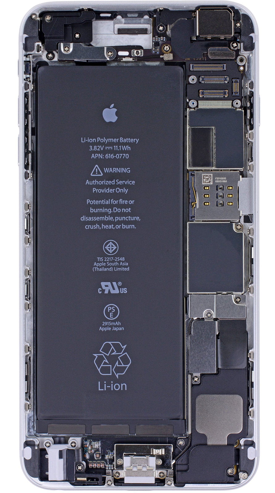 Apple iPhone Internal Hardware Layout Showing Li-Ion Battery and Circuit Board Components HD phone wallpaper