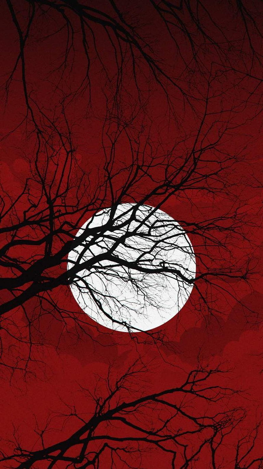 Eerie Bare Tree Silhouette Against a Blood-Red Sky with a Pale Full Moon HD phone wallpaper