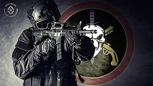 BOPE Tactical Operator Aiming Rifle with Skull Emblem Background HD wallpaper