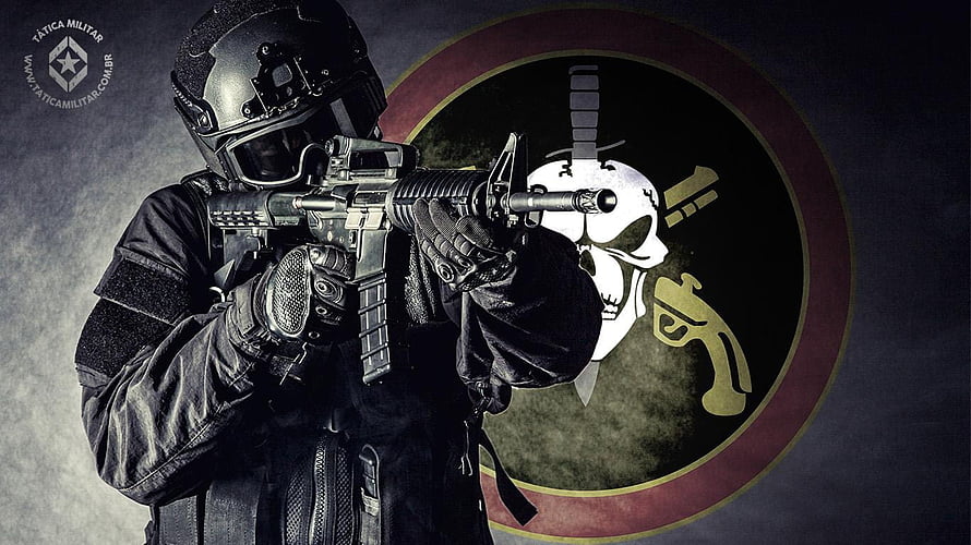 BOPE Tactical Operator Aiming Rifle with Skull Emblem Background HD wallpaper