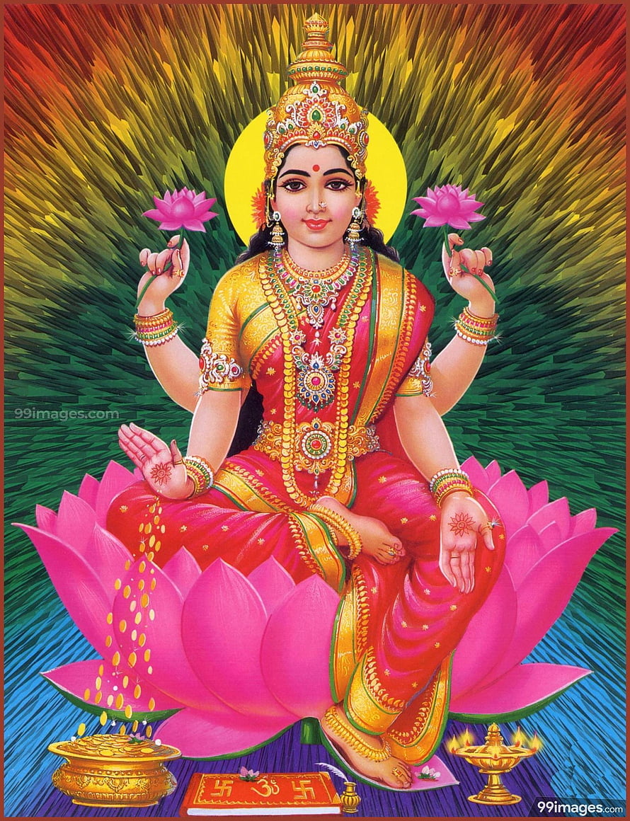Goddess Lakshmi Seated on Lotus with Diyas and Sacred Om Symbol HD phone wallpaper