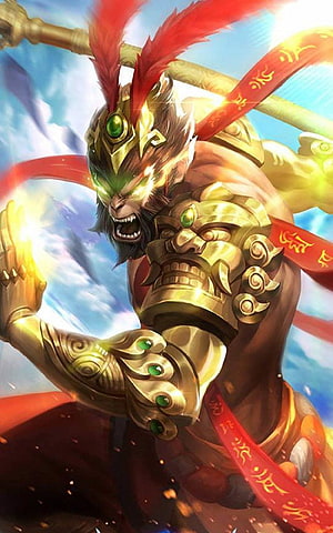 Sun Wukong Monkey King Warrior in Golden Armor with Red Feathers and Staff HD phone wallpaper