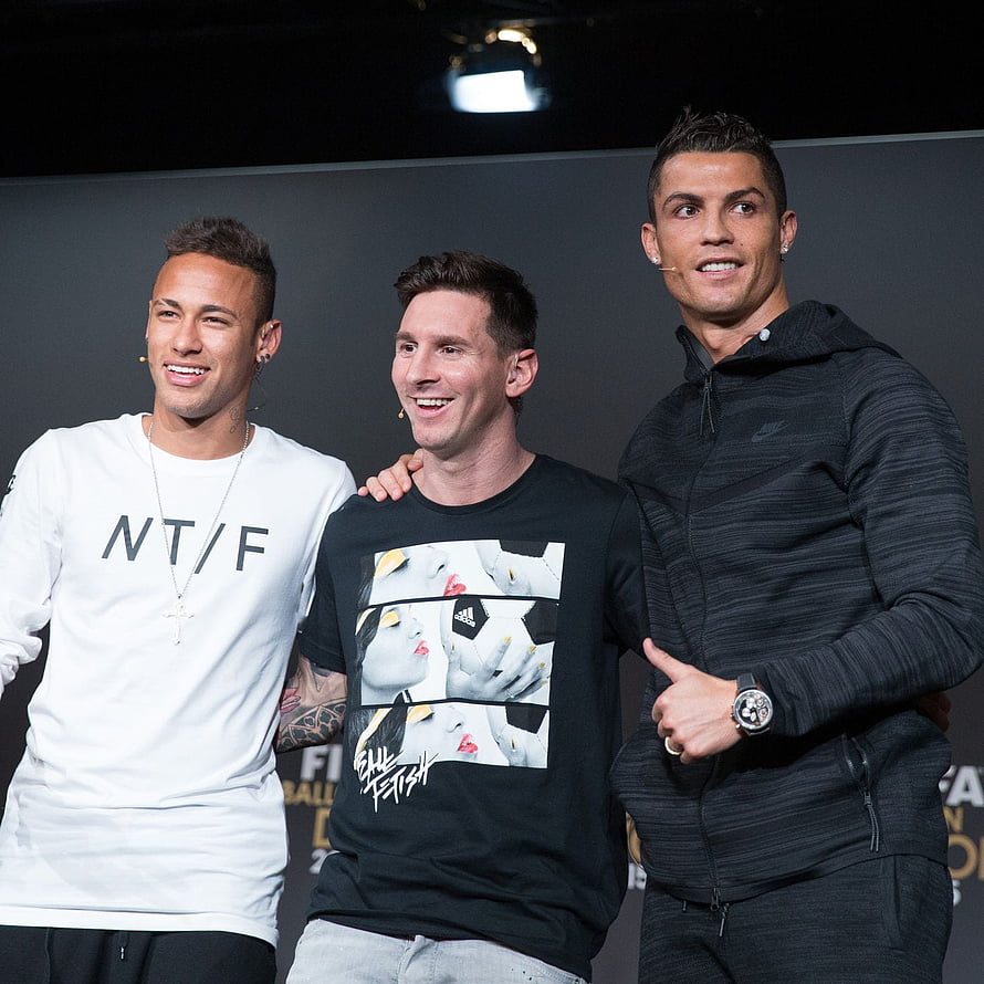 Neymar, Lionel Messi, and Cristiano Ronaldo posing together at a promotional event HD phone wallpaper