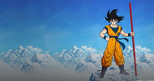 Goku Standing on Snowy Mountain Peak with Power Pole in Dragon Ball Anime Style HD wallpaper