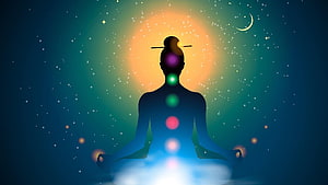 Meditating Figure with Glowing Chakra Points Against a Starry Night Sky HD wallpaper