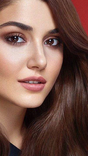 Hande Erçel Close-Up Portrait with Soft Makeup and Long Brown Hair HD phone wallpaper