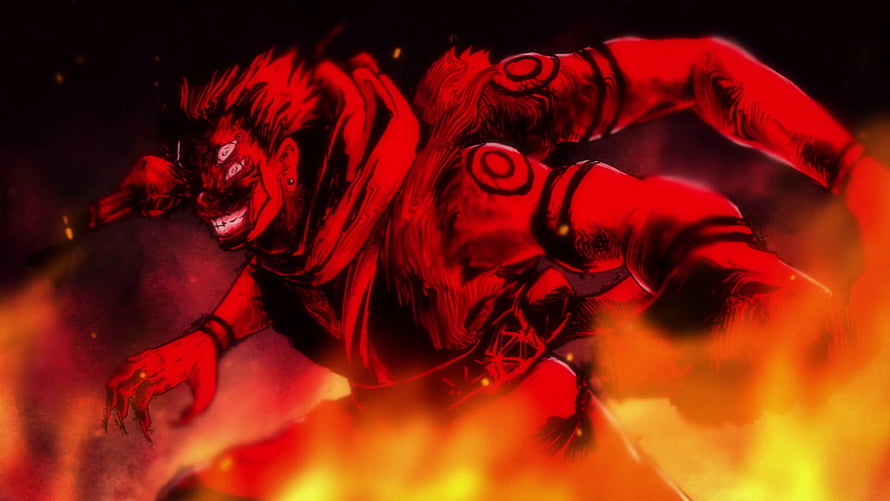 Ryomen Sukuna in Fiery Red Demon Form with Intense Anime Illustration HD wallpaper