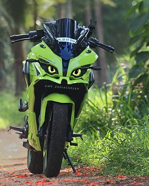Custom Green RS 200 Motorcycle with Aggressive Face Design in Forest Setting HD phone wallpaper