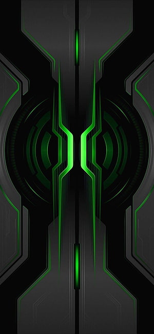 Symmetrical Futuristic Tech Design with Neon Green Circuit Lines on Dark Background HD phone wallpaper