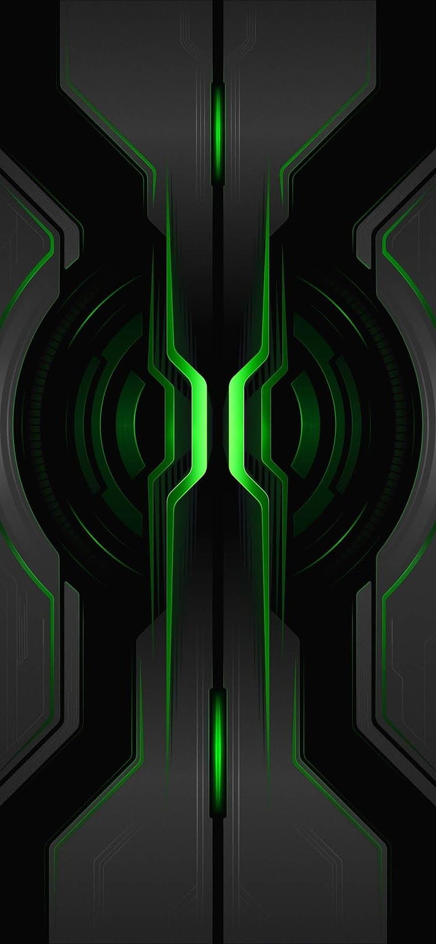 Symmetrical Futuristic Tech Design with Neon Green Circuit Lines on Dark Background HD phone wallpaper
