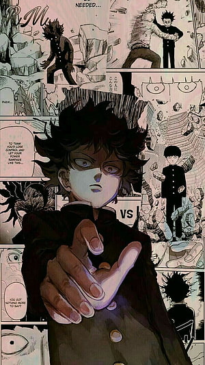 Shigeo Kageyama from Mob Psycho 100 in a dramatic manga panel collage with intense expression and outstretched hand HD phone wallpaper