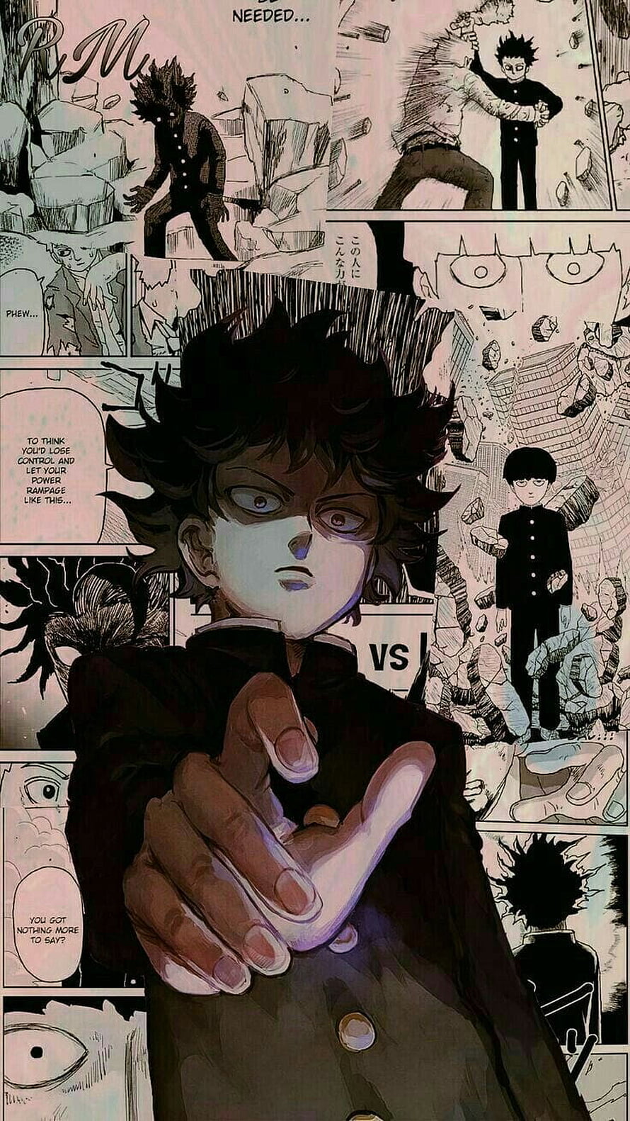Shigeo Kageyama from Mob Psycho 100 in a dramatic manga panel collage with intense expression and outstretched hand HD phone wallpaper