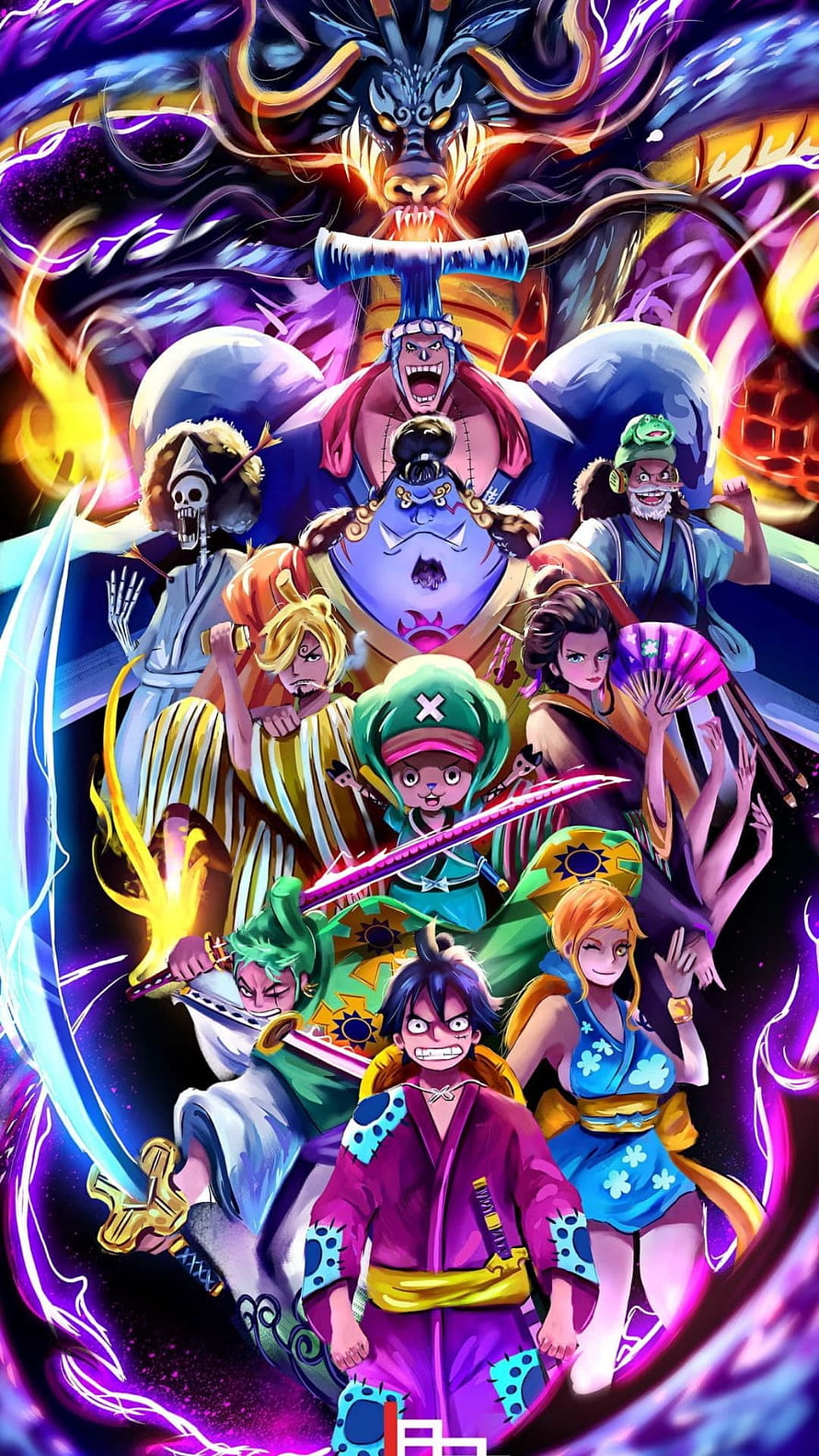 One Piece Wano Country Crew and Kaido Dragon Anime Illustration HD phone wallpaper