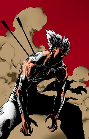Garou from One Punch Man in a Dynamic Crouching Pose with Arrows and Dust, colored garou, garou one punch man HD phone wallpaper