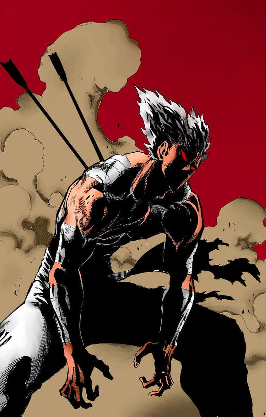 Garou from One Punch Man in a Dynamic Crouching Pose with Arrows and Dust, colored garou, garou one punch man HD phone wallpaper