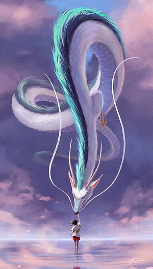 Spirited Away Aesthetic: Girl Touching a Giant Celestial Dragon in a Dreamy Sky HD phone wallpaper