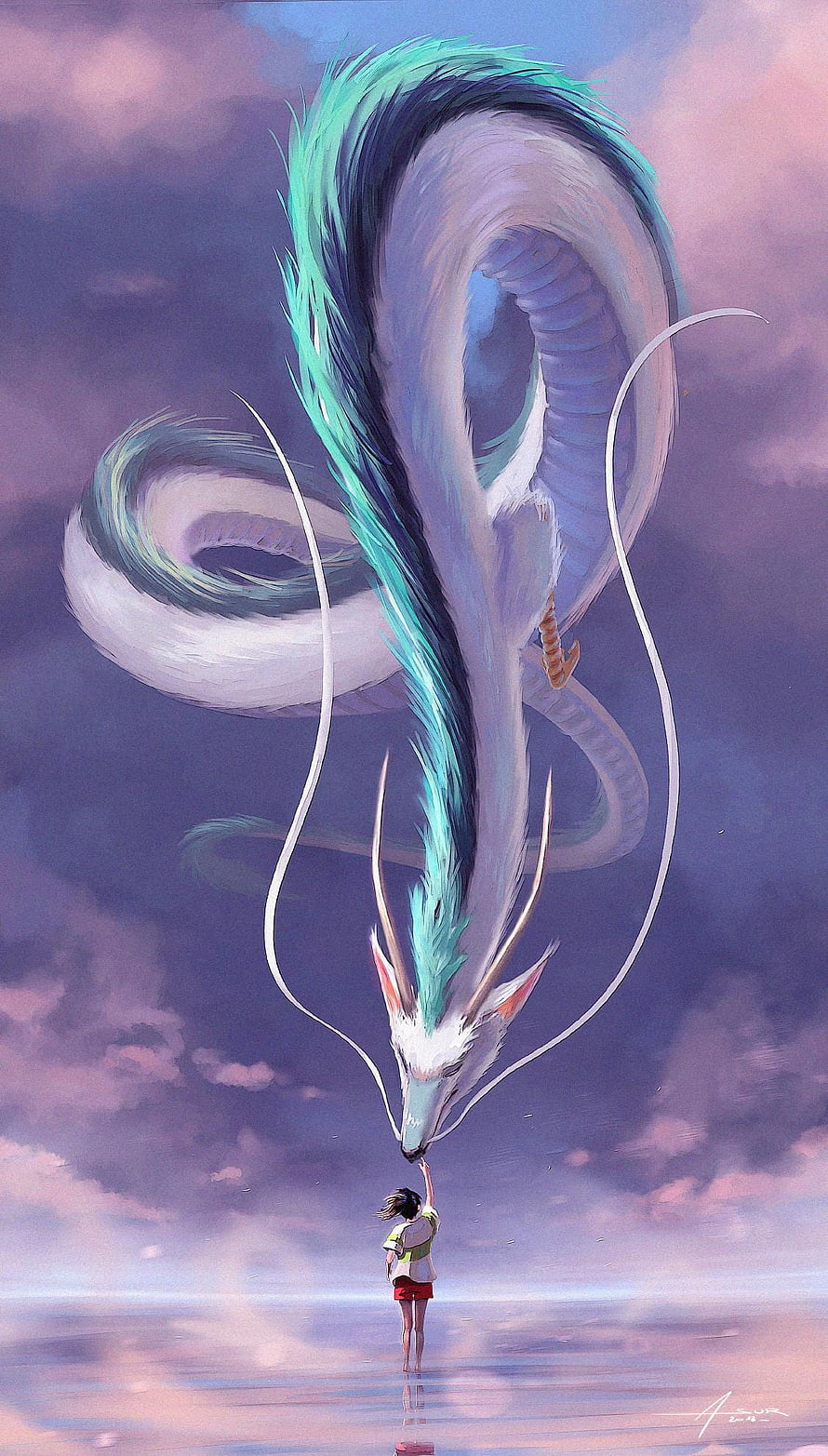 Spirited Away Aesthetic: Girl Touching a Giant Celestial Dragon in a Dreamy Sky HD phone wallpaper