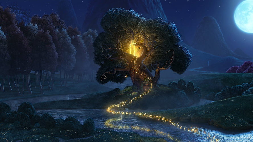 Mystical Enchanted Forest at Night with Glowing Tree and Firefly Path HD wallpaper