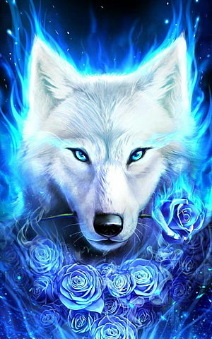 Mystical White Wolf with Blue Eyes and Glowing Blue Roses HD phone wallpaper