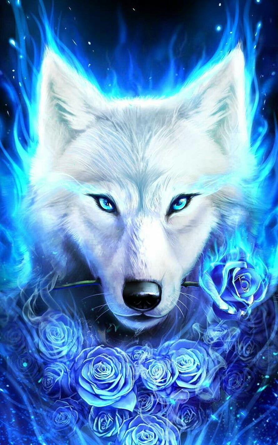 Mystical White Wolf with Blue Eyes and Glowing Blue Roses HD phone wallpaper