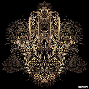 Gold Hamsa Hand of Fatima Ornament with Intricate Paisley Patterns on Black Background HD phone wallpaper