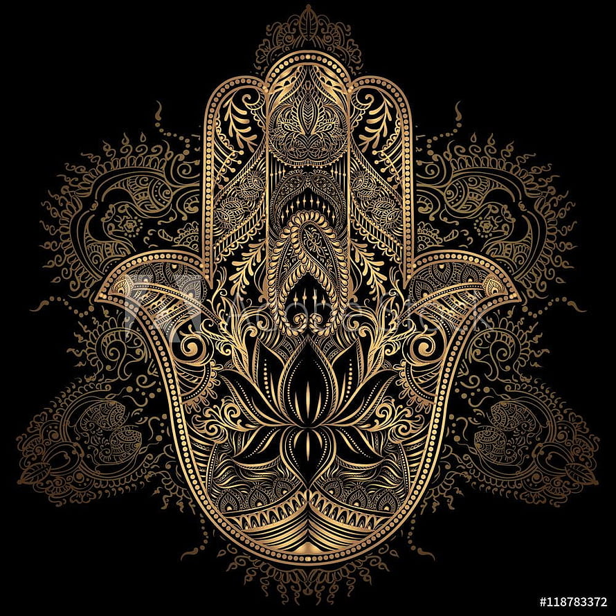 Gold Hamsa Hand of Fatima Ornament with Intricate Paisley Patterns on Black Background HD phone wallpaper