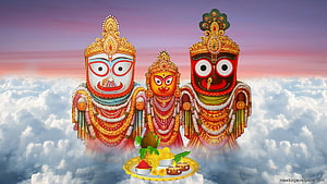 Jagannath, Balabhadra, and Subhadra deities adorned in garlands above a sea of clouds with a ritual offering plate HD wallpaper