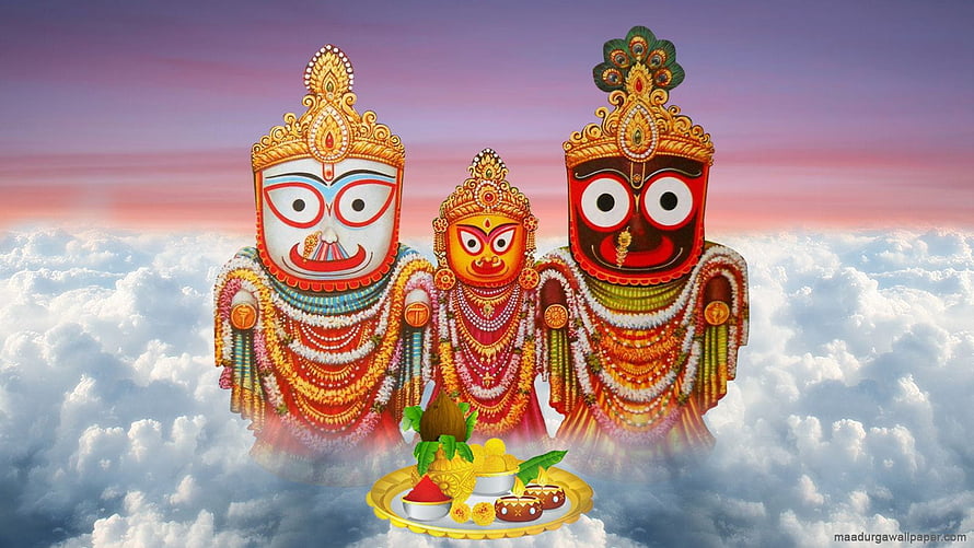 Jagannath, Balabhadra, and Subhadra deities adorned in garlands above a sea of clouds with a ritual offering plate HD wallpaper