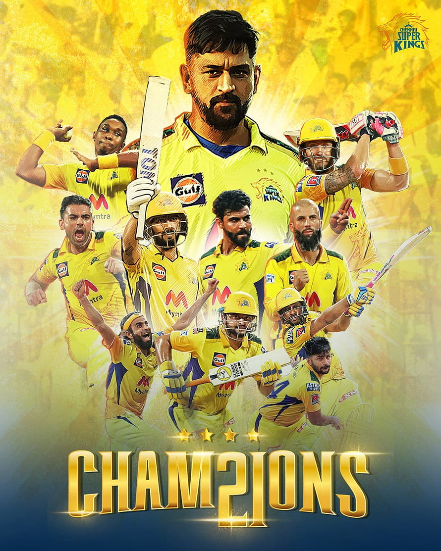 Chennai Super Kings Cricket Team Champions Poster with Players in Yellow Uniforms HD phone wallpaper