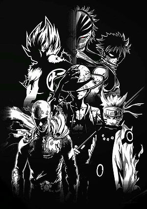 Monochrome Anime Heroes: Goku, Naruto, Luffy, Zoro, and Gohan in High-Contrast Black and White Art HD phone wallpaper
