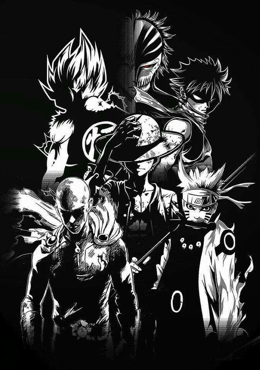 Monochrome Anime Heroes: Goku, Naruto, Luffy, Zoro, and Gohan in High-Contrast Black and White Art HD phone wallpaper