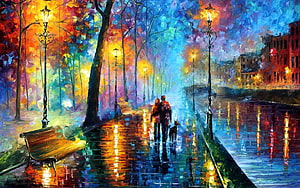 Impressionist Autumn Walk Along a Rainy Canal with Glowing Street Lamps HD wallpaper