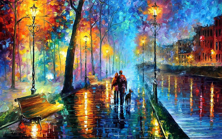 Impressionist Autumn Walk Along a Rainy Canal with Glowing Street Lamps HD wallpaper