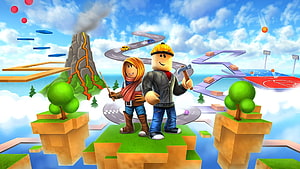 Roblox Mad City Characters on Floating Islands with Volcano and Racing Tracks HD wallpaper