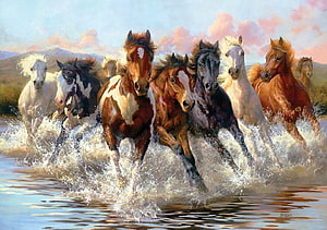 Seven Horses Galloping Through Water in a Realistic Oil Painting HD wallpaper