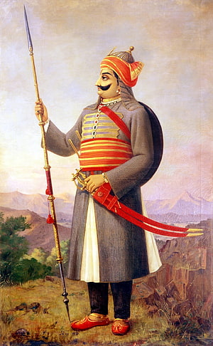 Maharana Pratap Singh in Traditional Rajput Attire Holding a Spear and Sword HD phone wallpaper