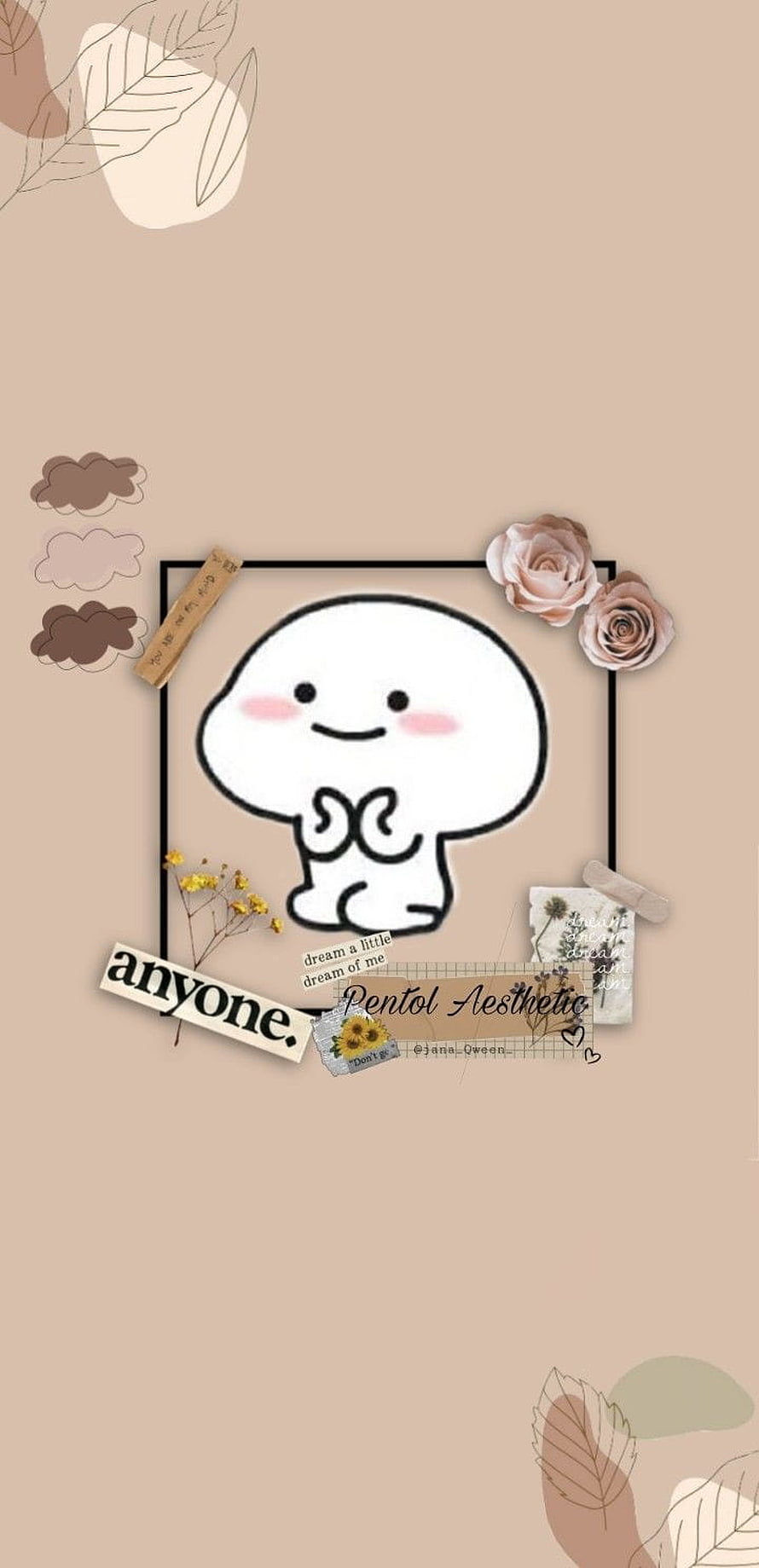 Pentol Aesthetic Cute White Character with Floral Collage and Warm Beige Background HD phone wallpaper