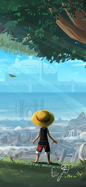 One Piece Luffy Standing in Ruined City with Straw Hat and Distant Castle HD phone wallpaper