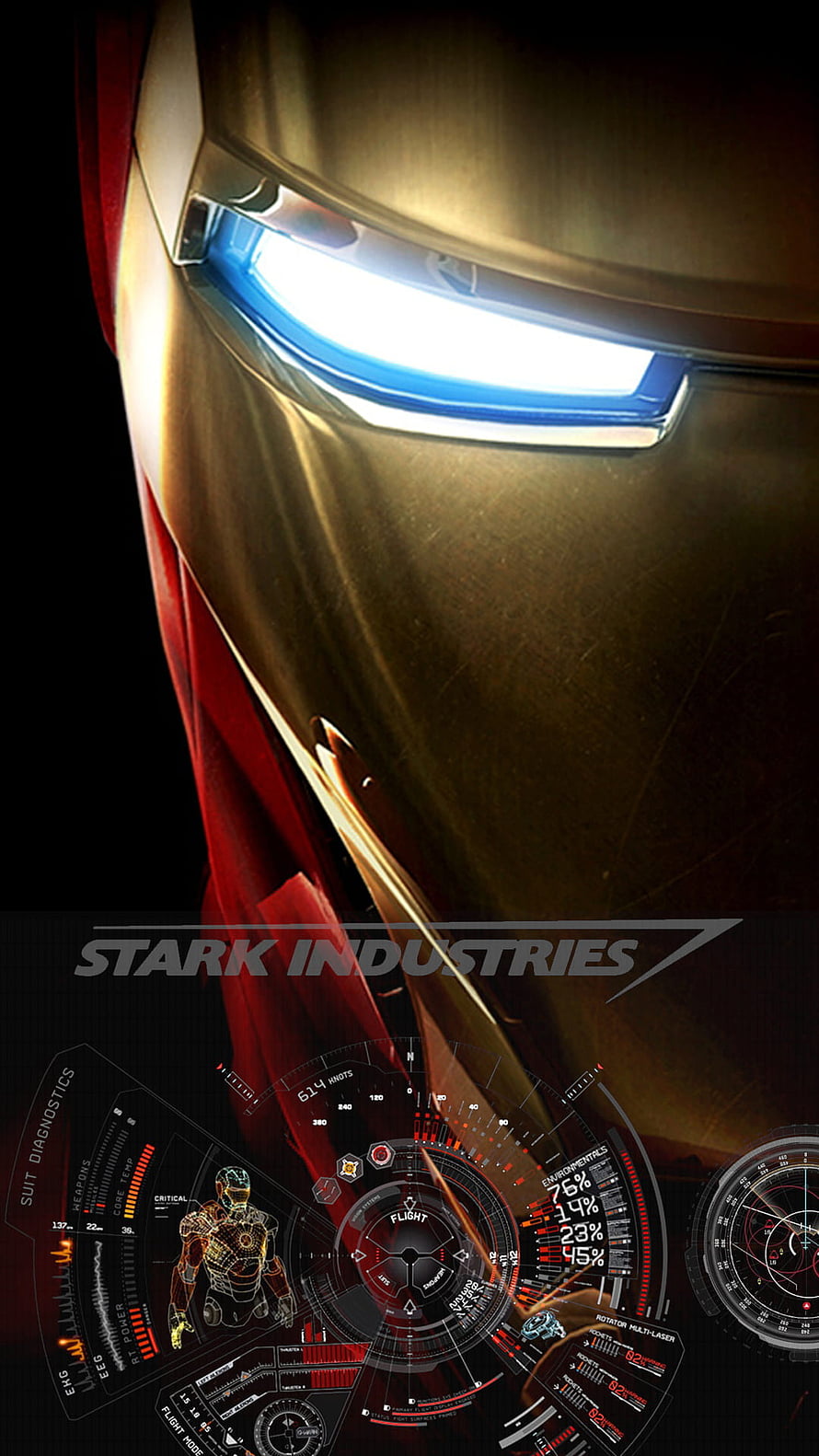 Iron Man Helmet Close-Up with Stark Industries HUD Interface and Diagnostic Readouts HD phone wallpaper
