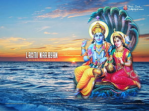 Lord Vishnu and Goddess Lakshmi Seated on a Serpent in the Ocean at Sunset HD wallpaper
