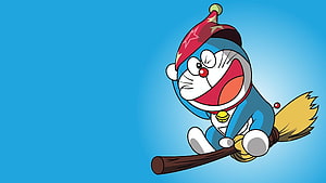 Doraemon Riding a Broomstick in a Wizard Costume Against a Blue Sky HD wallpaper
