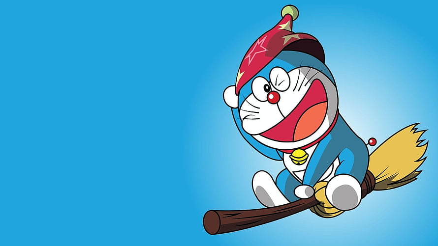 Doraemon Riding a Broomstick in a Wizard Costume Against a Blue Sky HD wallpaper