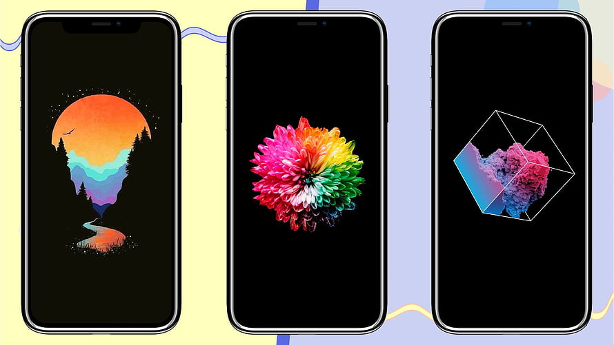 Three iPhone Screens Displaying Vibrant AMOLED Wallpapers on Pastel Background HD wallpaper