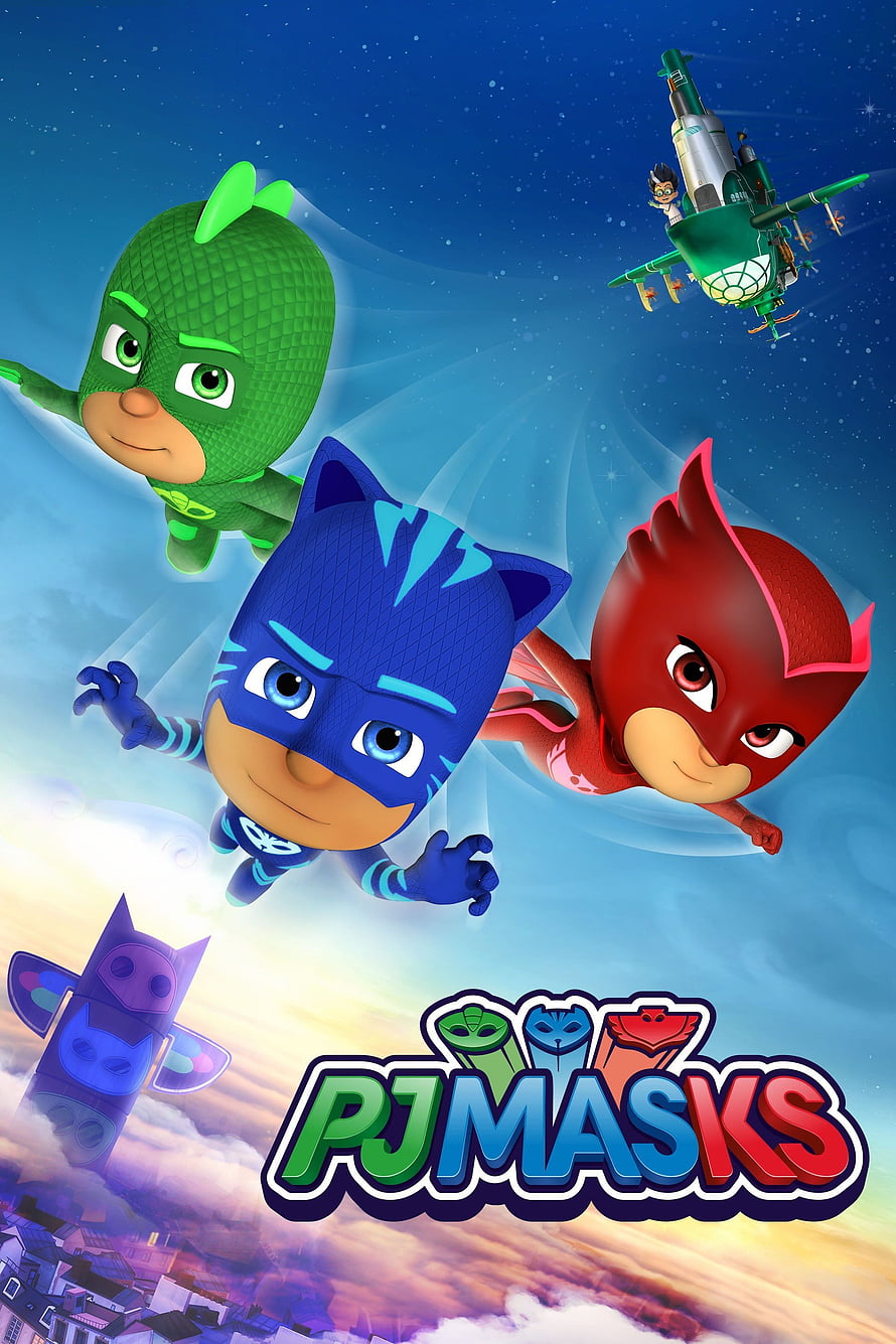 PJ Masks Animated Heroes Flying Above City at Night HD phone wallpaper