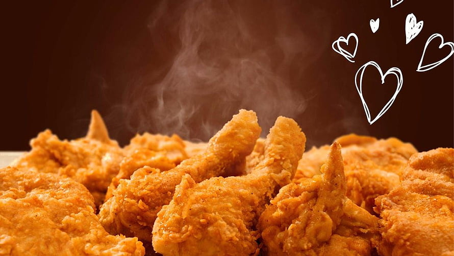 Crispy Golden Fried Chicken With Rising Steam And Hand-Drawn Hearts On Dark Background HD wallpaper