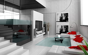 Contemporary Minimalist Living Room With White Sofa And Red Accent Pillows HD wallpaper