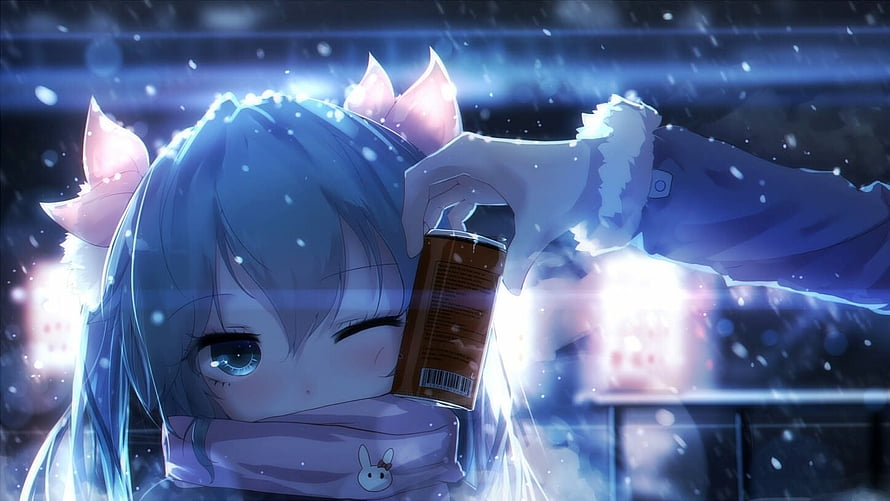 Anime Girl With Cat Ears Holding A Can In Snowy Night Scene HD wallpaper